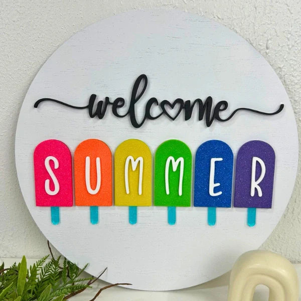 Letrero Decorativo “Welcome Summer” – Diseño en Madera y Glitter Neón